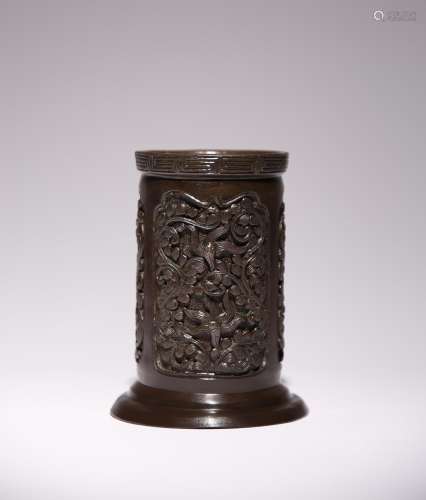 A CHINESE BRONZE BRUSHPOT, BITONG 17TH CENTURY Cast in relie...