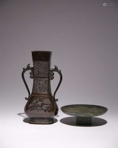 A CHINESE BRONZE TWO-HANDLED VASE YUAN DYNASTY The body deco...