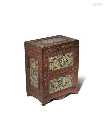 A CHINESE CLOISONNE INSET RECTANGULAR WOOD CABINET LATE QING...