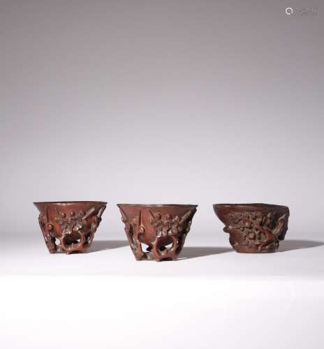 THREE CHINESE CARVED WOOD LIBATION CUPS QING DYNASTY Two car...