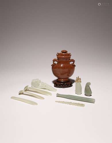 EIGHT CHINESE CELADON JADE ITEMS MOSTLY QING DYNASTY Includi...