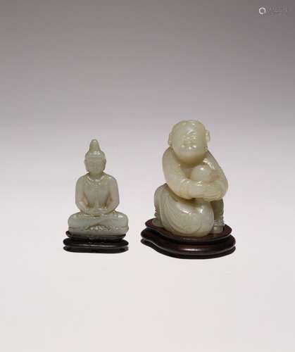 A CHINESE PALE CELADON JADE FIGURE OF A GIRL WITH A GOOSE QI...