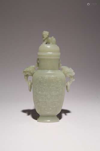 A CHINESE PALE CELADON JADE ARCHAISTIC VASE AND COVER LATE Q...