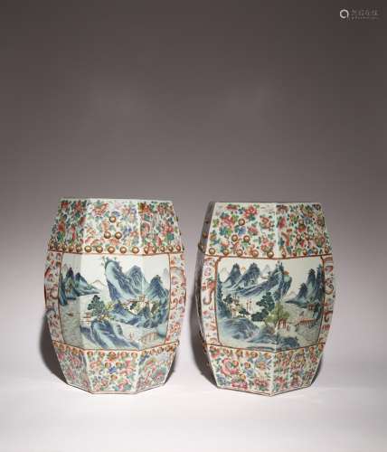 TWO SIMILAR CHINESE CANTON FAMILLE ROSE GARDEN SEATS 19TH CE...