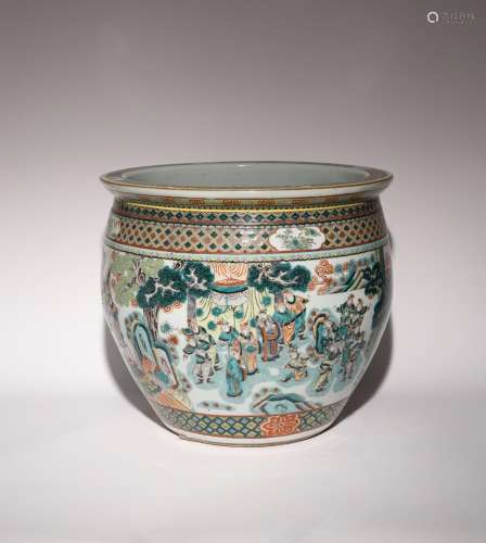 A LARGE CHINESE FAMILLE VERTE FIGURAL FISHBOWL LATE QING DYN...