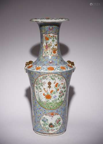 A CHINESE CANTON FAMILLE ROSE BLUE-GROUND VASE 19TH CENTURY ...