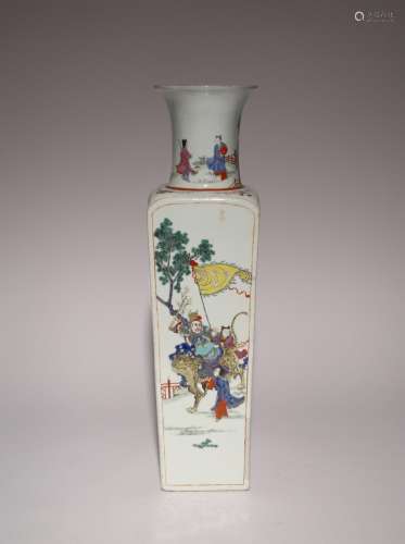 A CHINESE FAMILLE ROSE SQUARE-SECTION FIGURAL VASE LATE QING...
