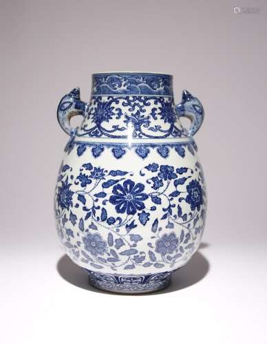 A CHINESE BLUE AND WHITE HU-SHAPED VASE 20TH CENTURY The bul...
