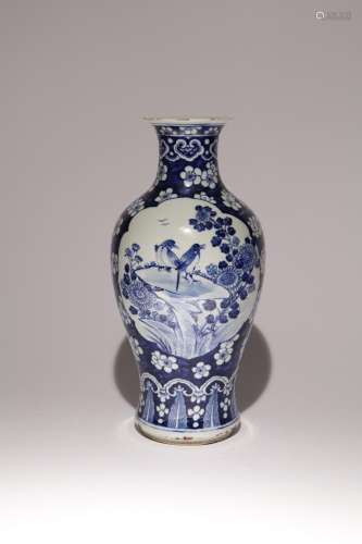 A CHINESE BLUE AND WHITE BIRDS AND PRUNUS BALUSTER VASE 19TH...