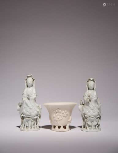 A CHINESE BLANC DE CHINE LIBATION CUP AND TWO WHITE GLAZED F...