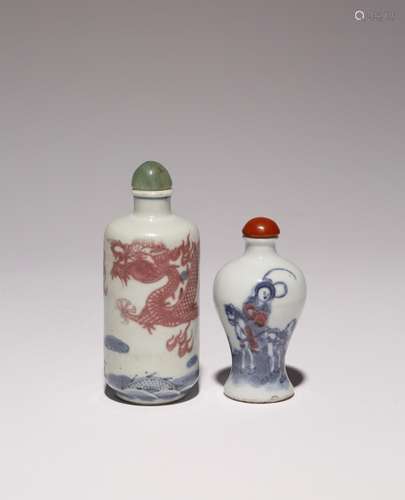 TWO CHINESE UNDERGLAZE BLUE AND RED SNUFF BOTTLES 19TH CENTU...