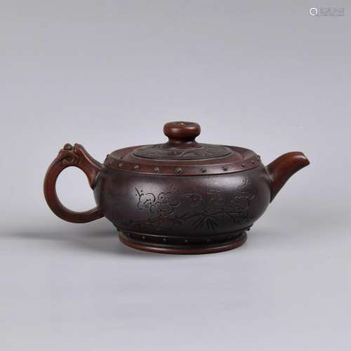Chinese Zisha Drum-shaped Teapot with Flower and Bird