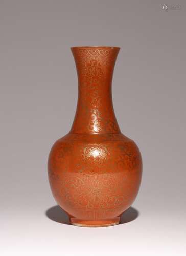 A CHINESE CORAL-GROUND LOTUS BOTTLE VASE LATE QING DYNASTY D...