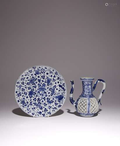 A CHINESE BLUE AND WHITE EWER AND A PLATE KANGXI 1662-1722 T...