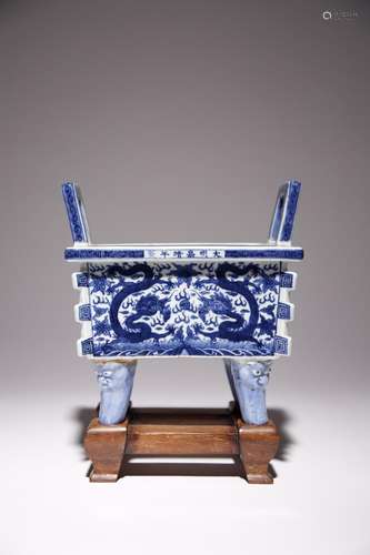 A CHINESE BLUE AND WHITE ARCHAISTIC DRAGON INCENSE BURNER, F...