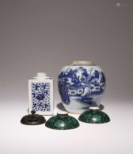 A PAIR OF CHINESE BLACK AND GREEN GLAZED COVERS 18TH CENTURY...