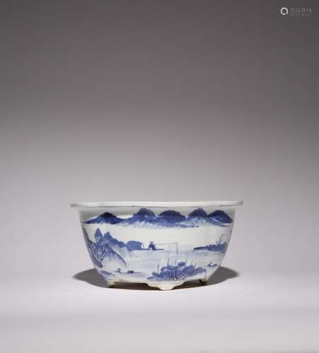 A CHINESE BLUE AND WHITE QUATREFOIL LANDSCAPE JARDRINIERE 19...