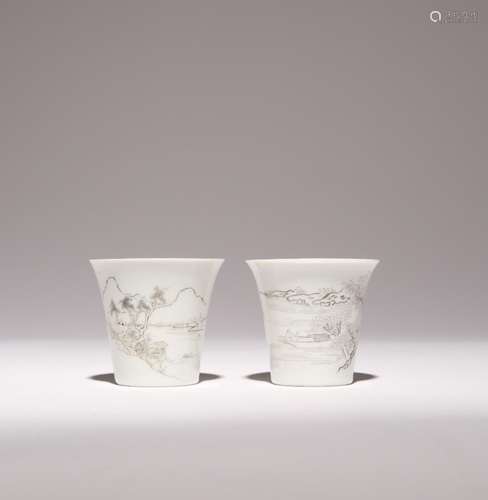 TWO CHINESE EN GRISAILLE LANDSCAPE WINE CUPS REPUBLIC PERIOD...