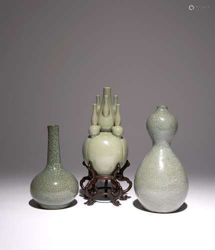 A CHINESE CELADON GOURD-SHAPED BOTTLE AND TWO GE-TYPE VASES ...