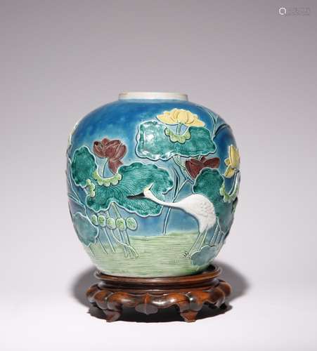 A CHINESE TURQUOISE-GROUND FAHUA STYLE MOULDED JAR LATE QING...