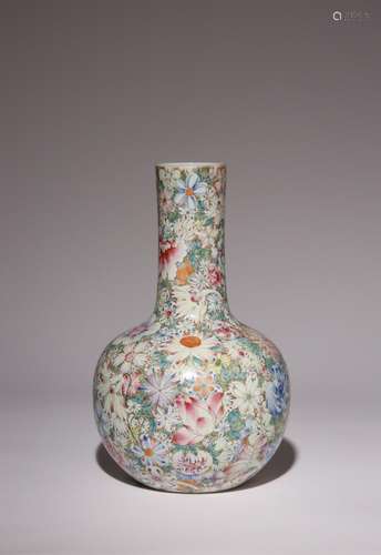 A CHINESE FAMILLE ROSE MILLEFLEURS BOTTLE VASE, TIANQIUPING ...