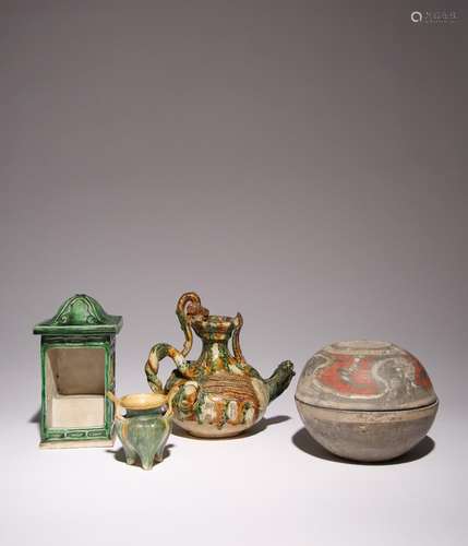 FOUR CHINESE POTTERY ITEMS HAN DYNASTY AND LATER Comprising:...