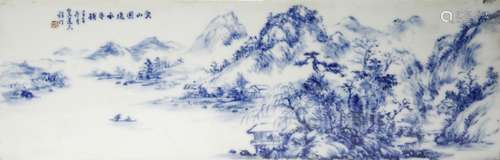 A CHINESE BLUE AND WHITE LANDSCAPE PLAQUE PROBABLY LATE 19TH...