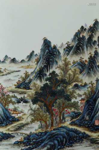 A CHINESE FAMILLE ROSE LANDSCAPE PLAQUE REPUBLIC PERIOD Depi...