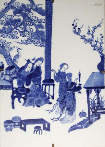 A CHINESE BLUE AND WHITE STORY OF THE RED CHAMBER PLAQUE 19T...