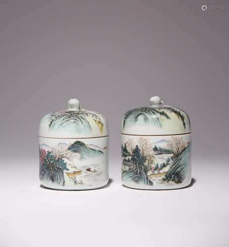 A PAIR OF CHINESE FAMILLE ROSE LANDSCAPE BOXES AND COVERS RE...