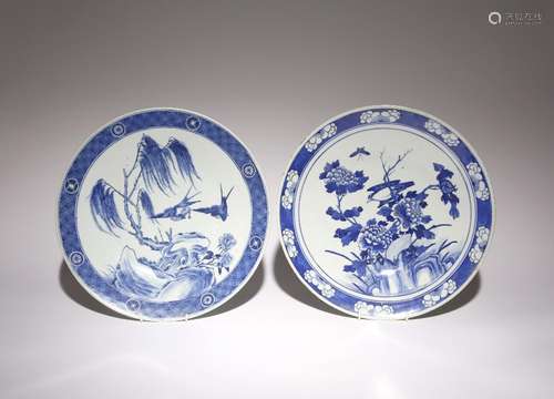 TWO LARGE CHINESE BLUE AND WHITE BIRDS AND FLOWERS DISHES 19...