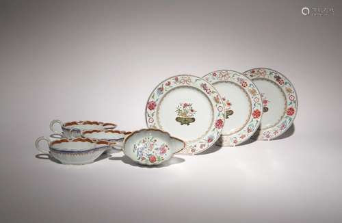 A SET OF FOUR CHINESE FAMILLE ROSE SAUCE BOATS AND THREE PLA...