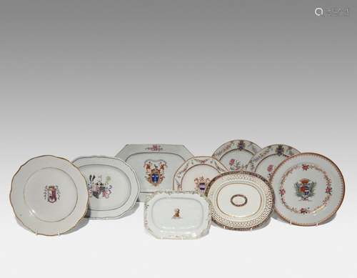 NINE CHINESE ARMORIAL DISHES 18TH CENTURY Comprising: three ...