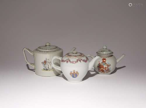 THREE CHINESE ARMORIAL TEAPOTS AND COVERS 18TH AND EARLY 19T...