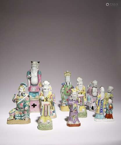 NINE CHINESE FAMILLE ROSE FIGURES OF IMMORTALS 18TH AND EARL...