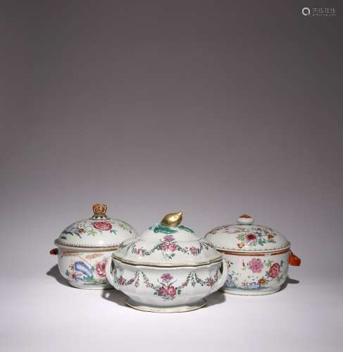 THREE CHINESE FAMILLE ROSE TUREENS AND COVERS 18TH CENTURY B...