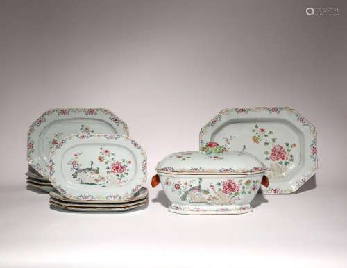 A CHINESE FAMILLE ROSE DOUBLE PEACOCK PATTERN PART DINNER SE...