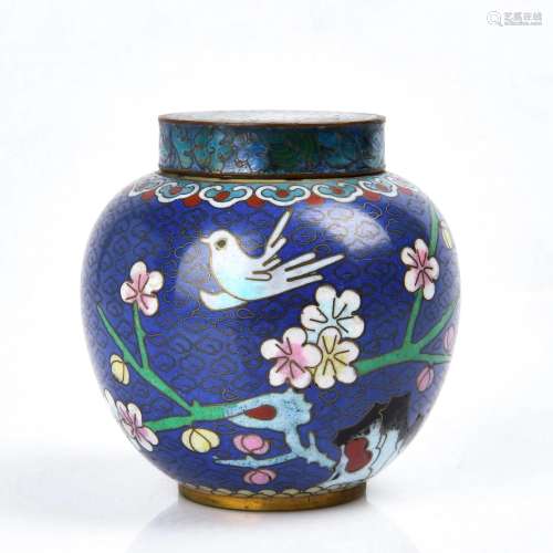 Copper-bodied Painted Enamel Jar with Flower and Bird