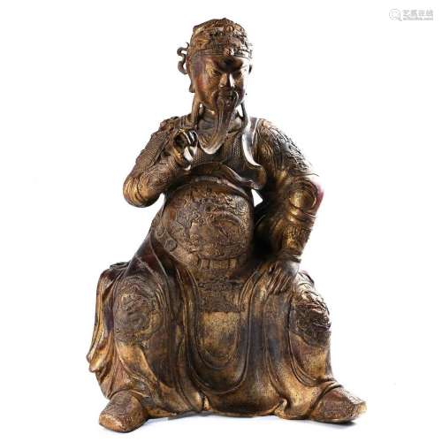 Copper with Gold Painted Seated Statue of Guan Gong