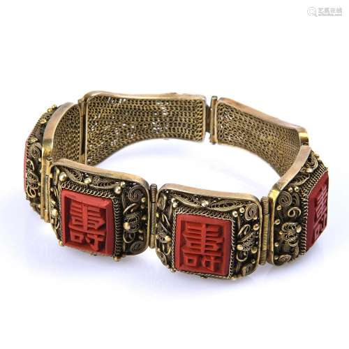 Gilded Silver Embedded Carved Lacquerware Bracelet