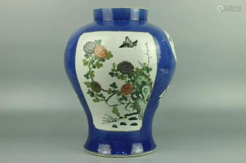 Blue-dust Hat-covered Jar with Reserved Stone, Flower