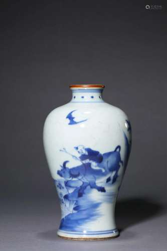 Blue-and-white Plum Vase with Oxherding Pattern