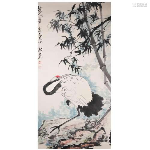 Bamboo and Crane, Paper Hanging Scroll, Tang Yun