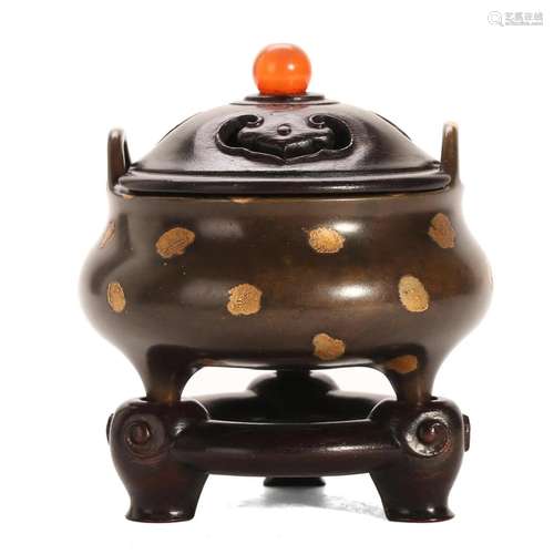 A BRONZE GOLD-SPLASHED INCENSE BURNER