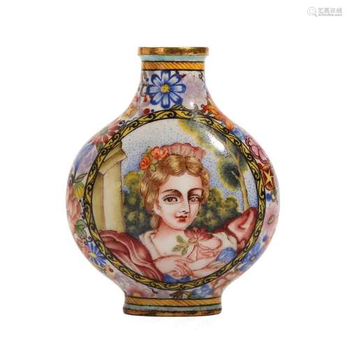 AN ENAMELLED BRONZE 'LADY' SNUFF BOTTLE