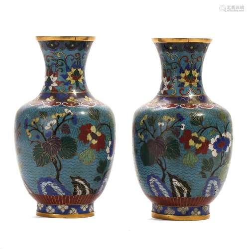 A PAIR OF CLOISONNE ENAMEL FLORAL VASES