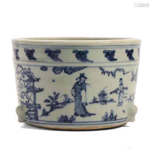 A BLUE AND WHITE 'FIGURES' BRUSHPOT