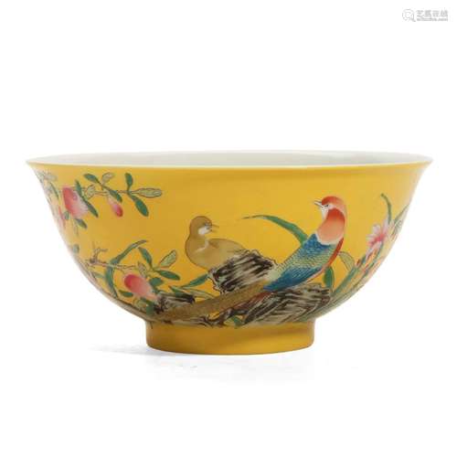 A YELLOW-GROUND FALANGCAI 'FLOWERS AND BIRDS' BOWL