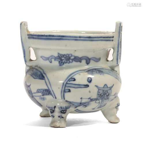 A BLUE AND WHITE 'FIGURES' INCENSE BURNER