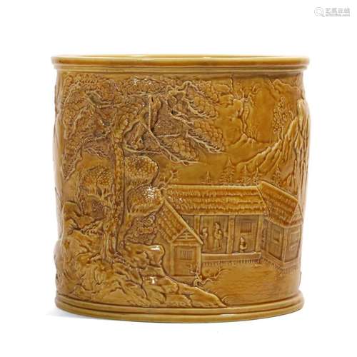 A YELLOW-GLAZED BRUSHPOT